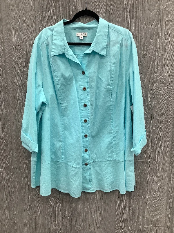 Fashionable T-shirts Top Long Sleeve By Kim Rogers In Blue, Size: 2x