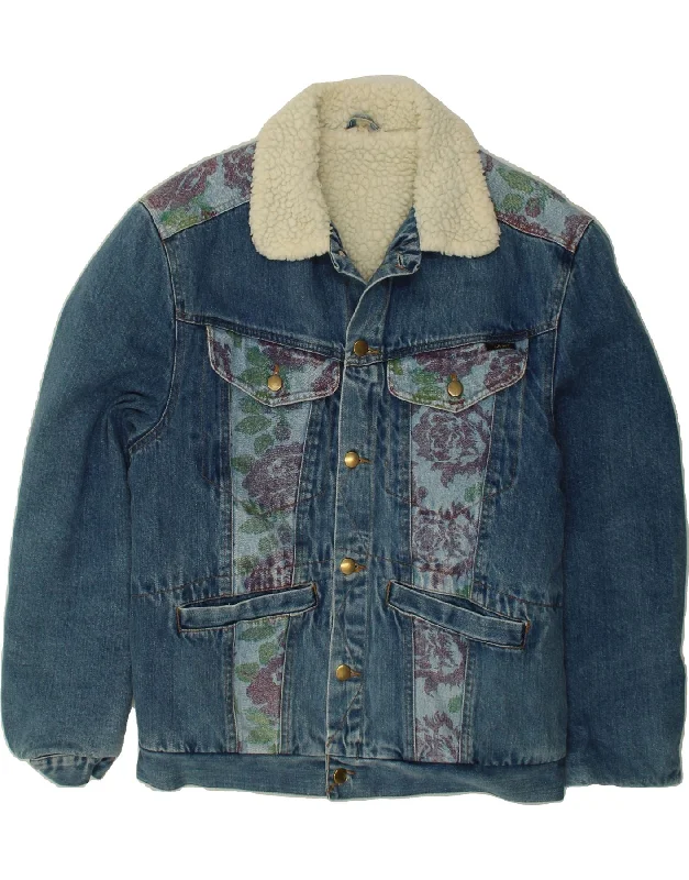 Fashion Hoodies VINTAGE Mens Denim Sherpa Jacket IT 48 Medium Blue Floral Cotton