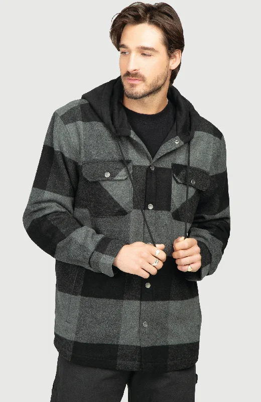 Casual Jackets Black Steel Fleece Lined Hooded Plaid Shacket