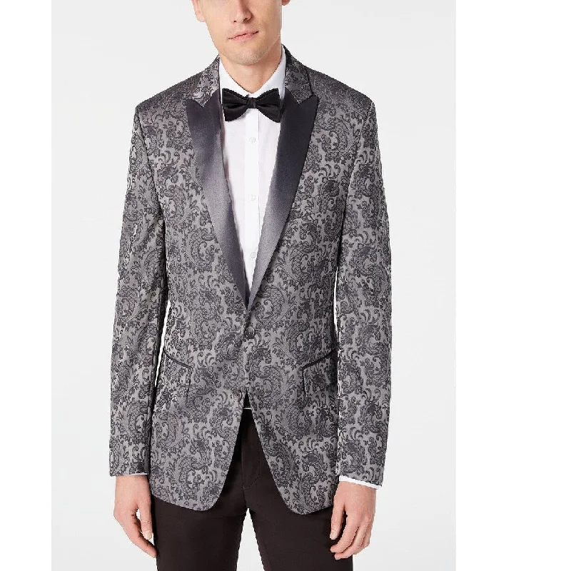 Active Tops Ryan Seacrest Distinction Men's Modern-Fit Stretch Silver Paisley Jacquard Dinner Jacket Silver Size 36