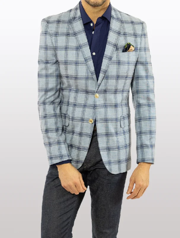 Smart Sweaters FUBU Light Blue with Dark Blue Windowpane Slim Fit Sport Jacket