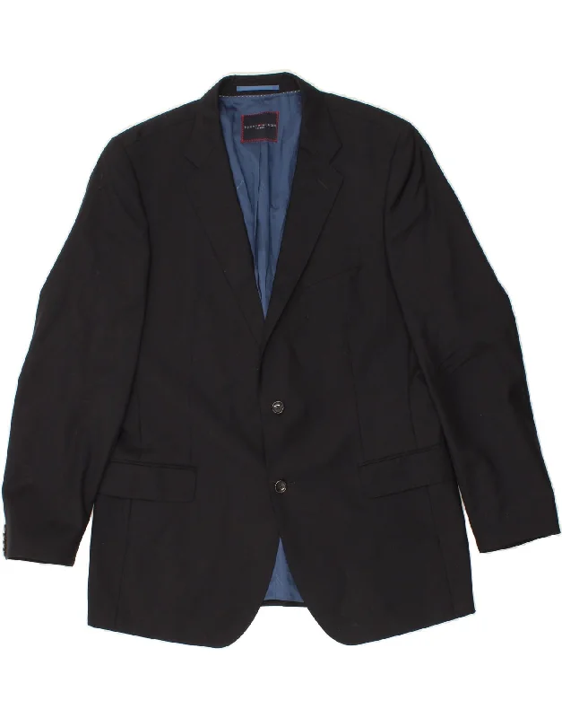 Trendy Jeans TOMMY HILFIGER Mens 2 Button Blazer Jacket IT 56 3XL Black Wool