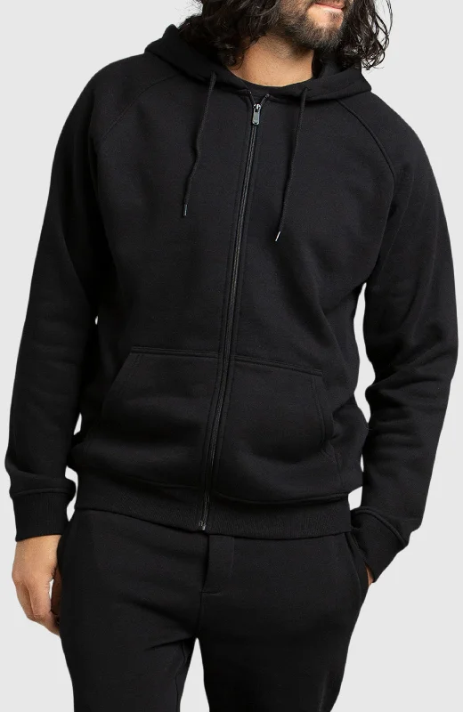 Fashionable Tops Black Front Zip Fleece Hoodie