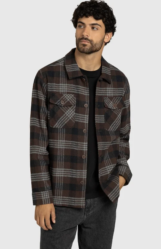 Sporty Sweaters Chocolate Brown Herringbone Plaid Overshirt