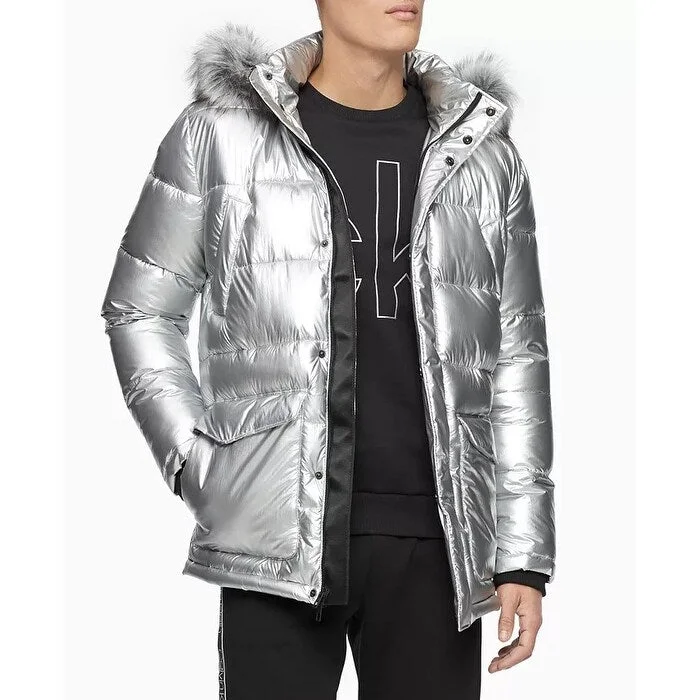 Classic Shorts Calvin Klein Men's Metallic Puffer Parka With Faux Fur Trim Silver Size Medium