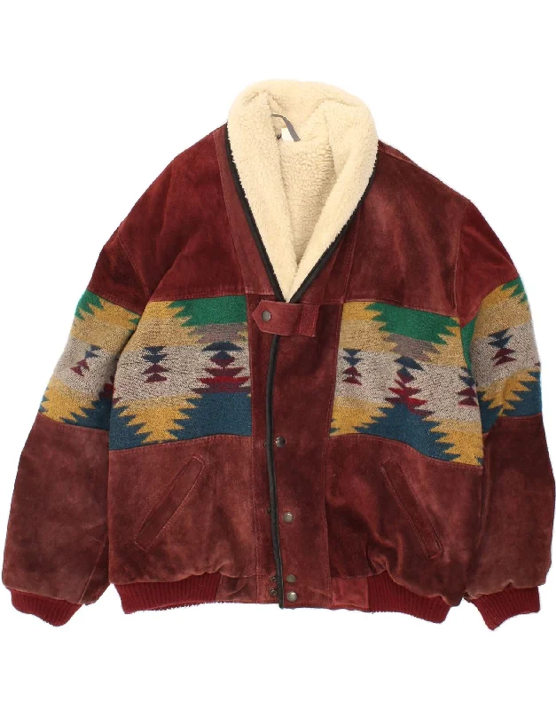 Stylish Accessories VINTAGE Mens Abstract Pattern Shearling Jacket IT 56 3XL Burgundy Leather