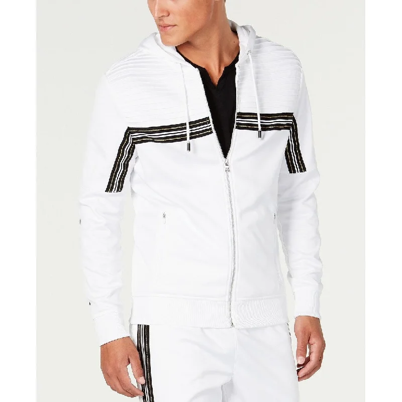 Sleek Outerwear INC International Concepts Men's Chest Stripe Zip-Front Hoodie White Size X-Large