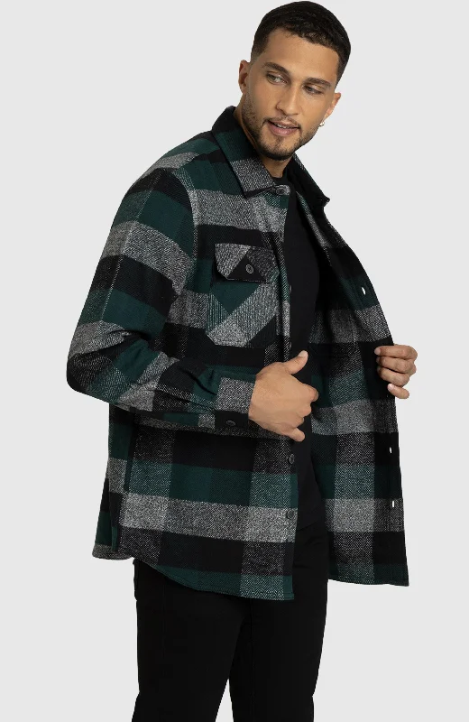 Trendy Outerwear Hunter Green Melange Plaid Overshirt