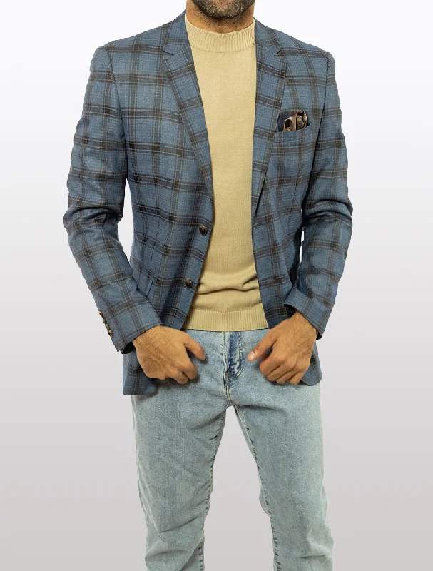 Simple Hoodies FUBU Blue with Brown Windowpane Slim Fit Sport Jacket