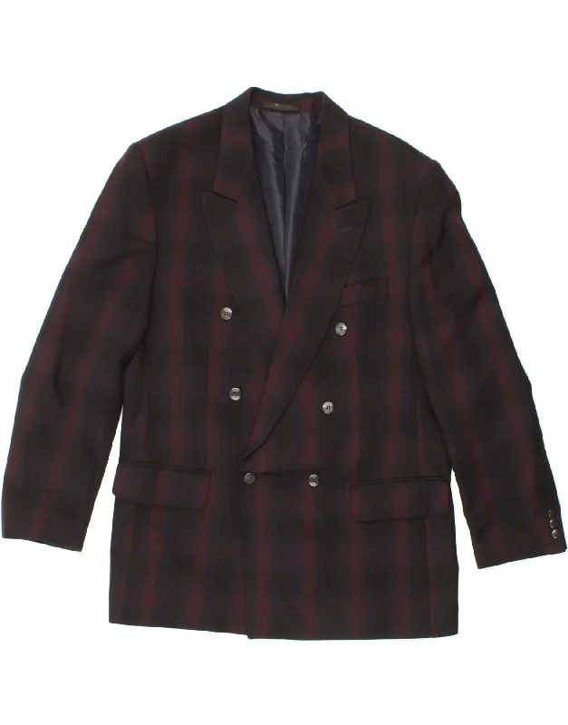 Urban Tops VINTAGE Mens Double Breasted Blazer Jacket IT 52 XL Maroon Check Wool