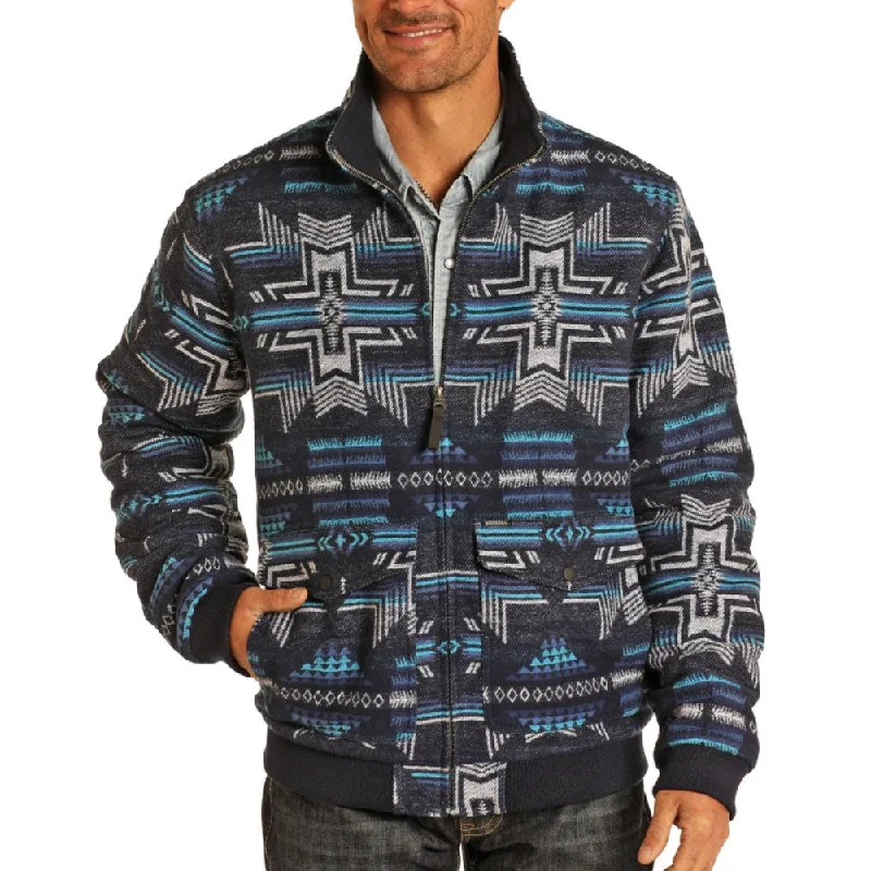 Smart Jackets Rock & Roll Mens Blue Aztec Jacquard Bomber Jacket - BM92C04333-42