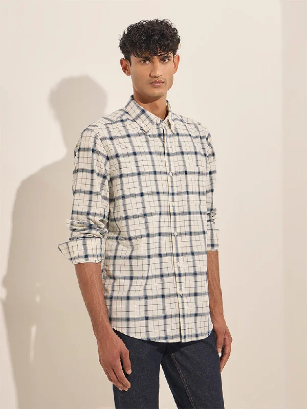 Relaxed Tops WES Casuals White Checkered Relaxed-Fit Cotton Shirt