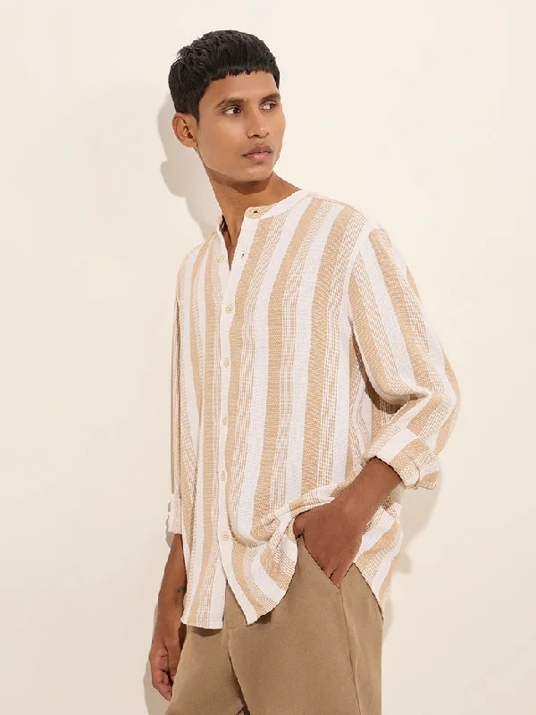 Urban Sweaters ETA Beige Stripe Printed Relaxed-Fit Cotton Shirt