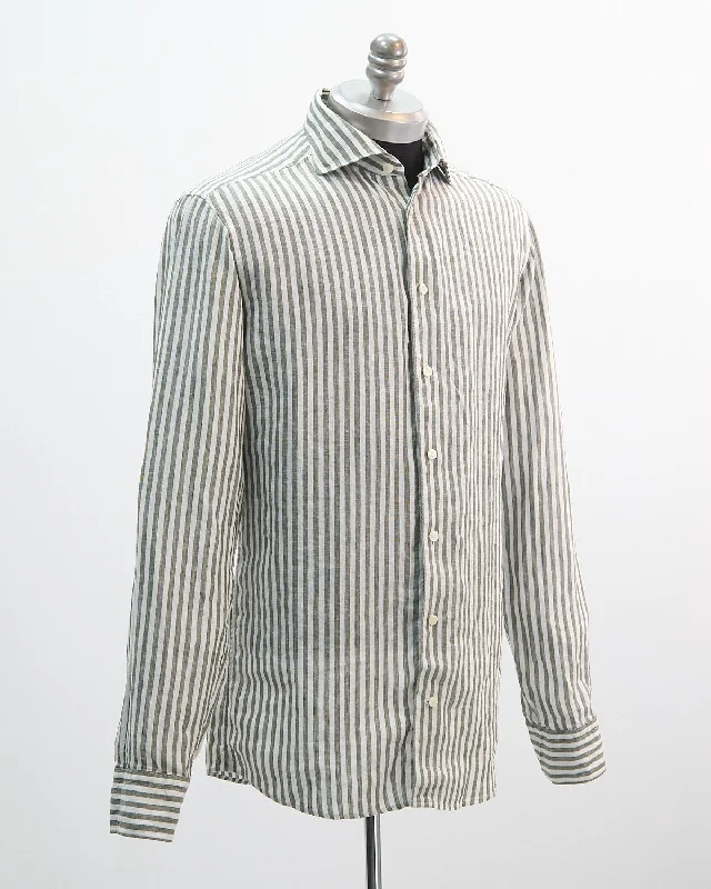 Cool Sweatshirts Wide Spread Striped Slim Linen Shirt