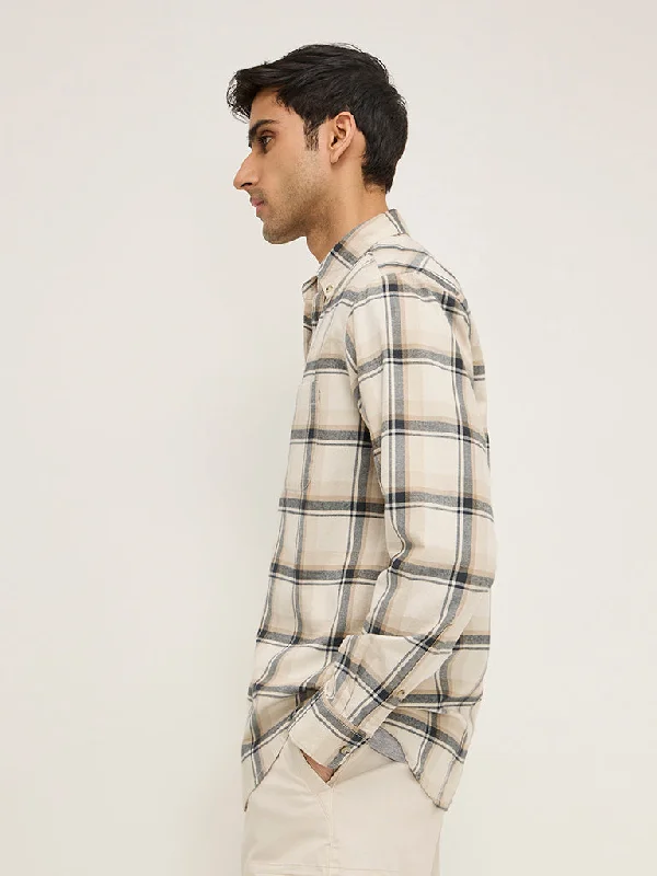 Versatile Shorts WES Casuals Beige Checkered Relaxed-Fit Cotton Shirt