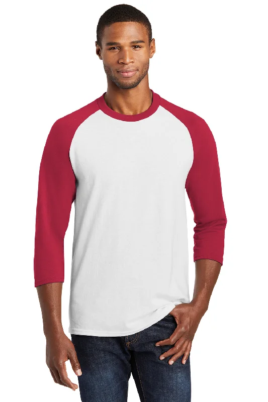 Simple Shirts Port & Company Mens Core Moisture Wicking 3/4 Sleeve Crewneck T-Shirt - White/Red