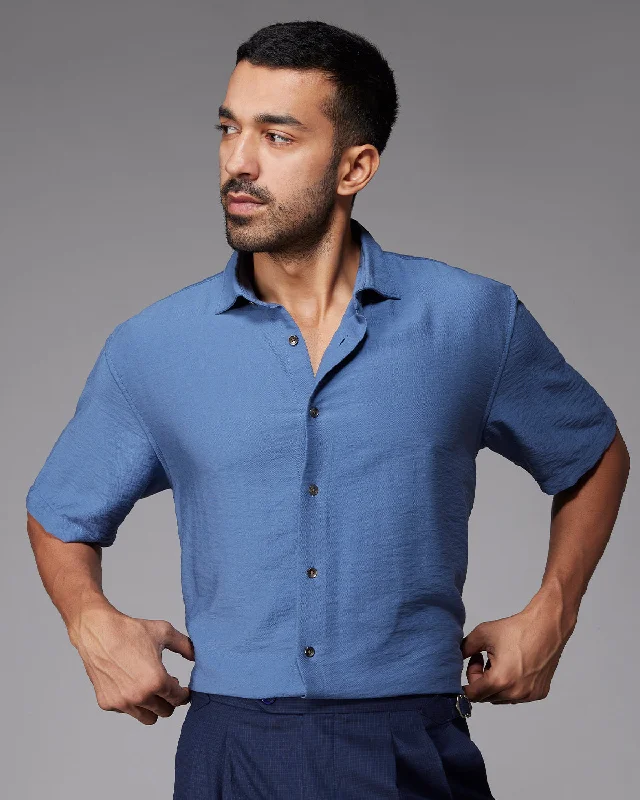 Relaxed Sweaters Blue Half-Sleeve Twill Shirt