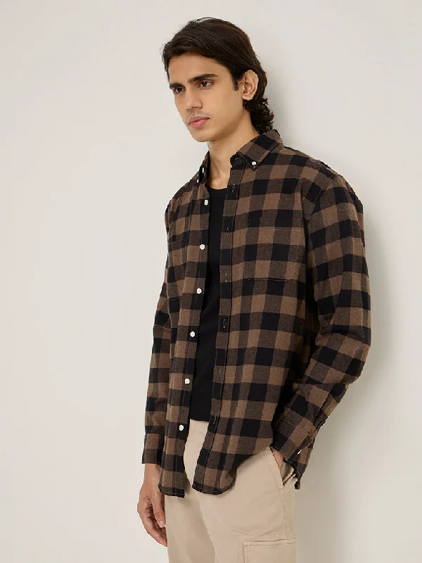 Simple Shirts WES Casuals Brown Checkered Relaxed-Fit Cotton-Blend Shirt