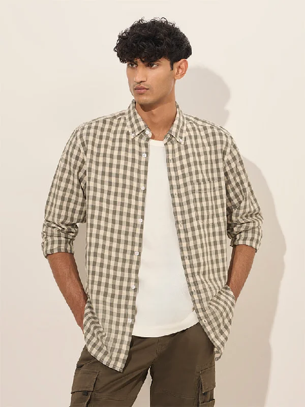 Classic Pants WES Casuals Olive Checks Design Relaxed-Fit Cotton Shirt