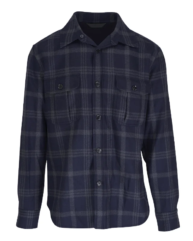 Comfortable Hoodies Navy Blue Plaid Overshirt