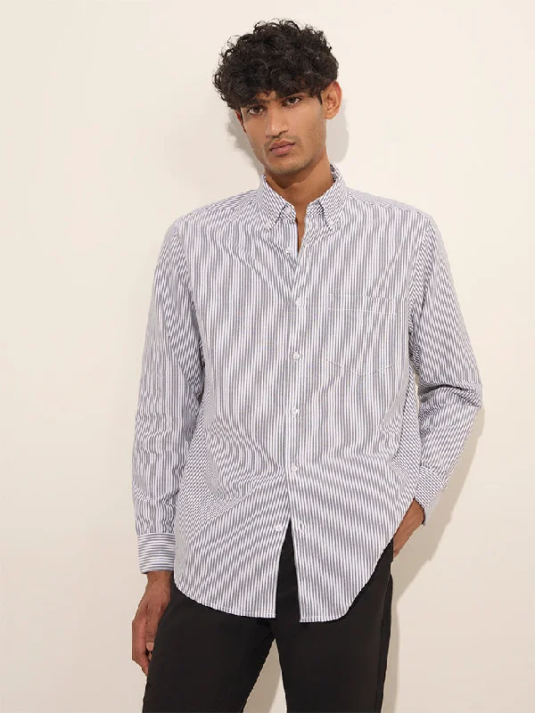 Urban Accessories WES Casuals Grey Striped Relaxed-Fit Cotton Shirt