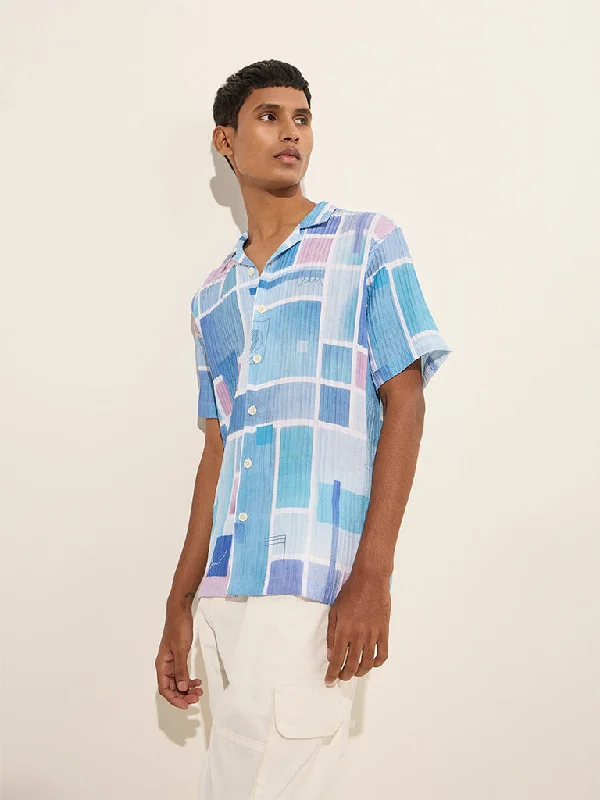 Trendy Footwear Nuon Blue Geometric Design Relaxed-Fit Shirt