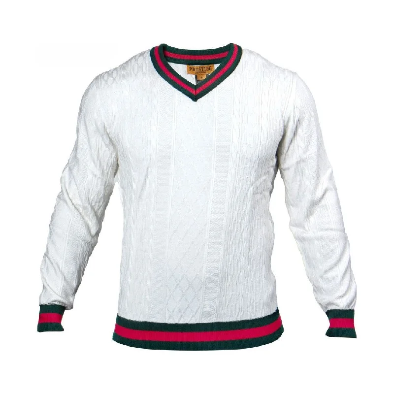 Smart Footwear Prestige White Red Green Collar V-Neck Cable Sweater SW-563