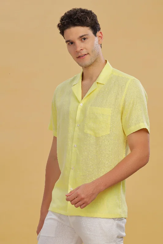 Stylish Shirts KANE - 100% Pure Linen Cuban Collar Light Yellow Chambray Shirt