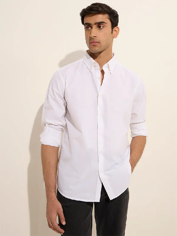 Comfortable Sweaters Ascot White Self-Striped Relaxed-Fit Cotton Shirt