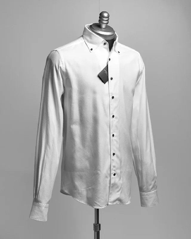 Sporty Jackets White Herringbone Brushed Casual Shirt With Charcoal Buttons