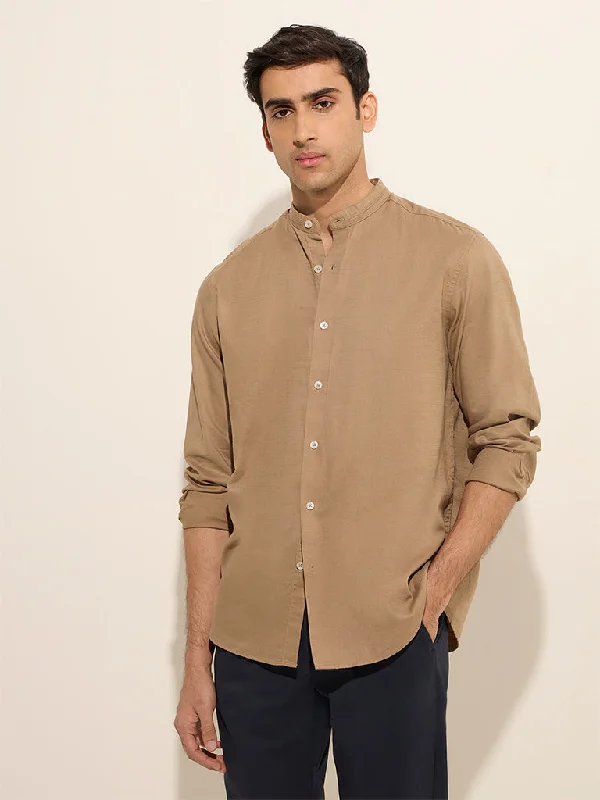 Street Style Pants Ascot Brown Solid Relaxed-Fit Cotton Shirt