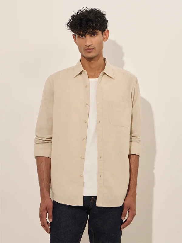 Casual Sneakers WES Casuals Beige Solid Relaxed-Fit Cotton Shirt