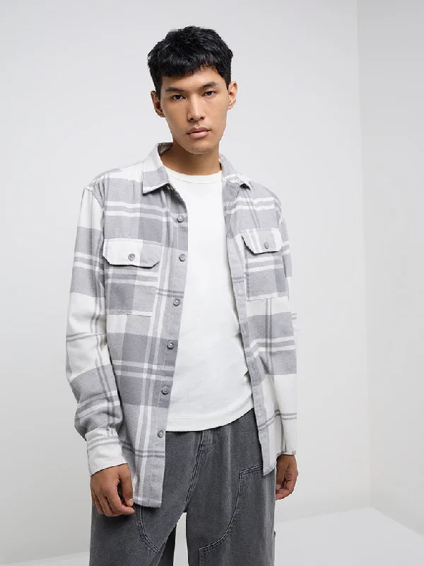 Cool Sweatshirts Nuon Grey Checks Design Relaxed-Fit Cotton-Blend Shirt