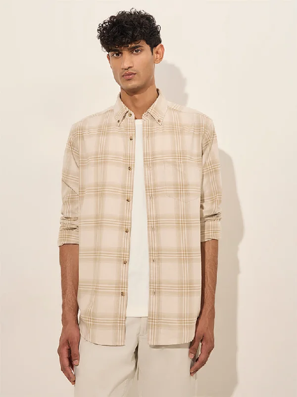 Stylish Shorts WES Casuals Beige Checks Printed Relaxed-Fit Cotton Shirt