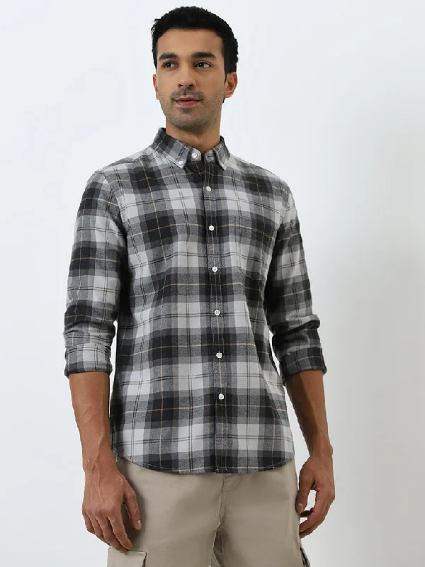 Casual Jackets WES Casuals Charcoal Checkered Relaxed-Fit Cotton-Blend Shirt