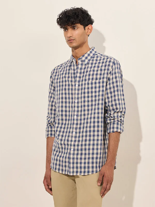 Cozy Sweaters WES Casuals Navy Checks Print Relaxed-Fit Cotton Shirt