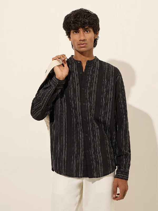 Fashion Shirts ETA Black Textured Stripe Relaxed-Fit Cotton Shirt