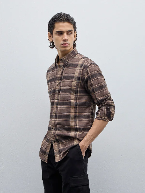 Versatile Tops WES Casuals Brown Checkered Relaxed-Fit Cotton-Blend Shirt