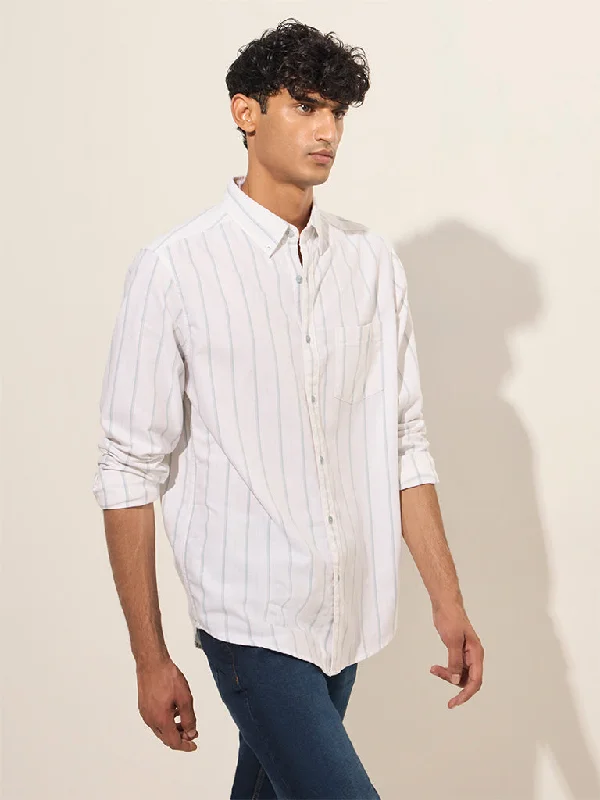 Active Tops WES Casuals White Striped Relaxed-Fit Cotton Shirt