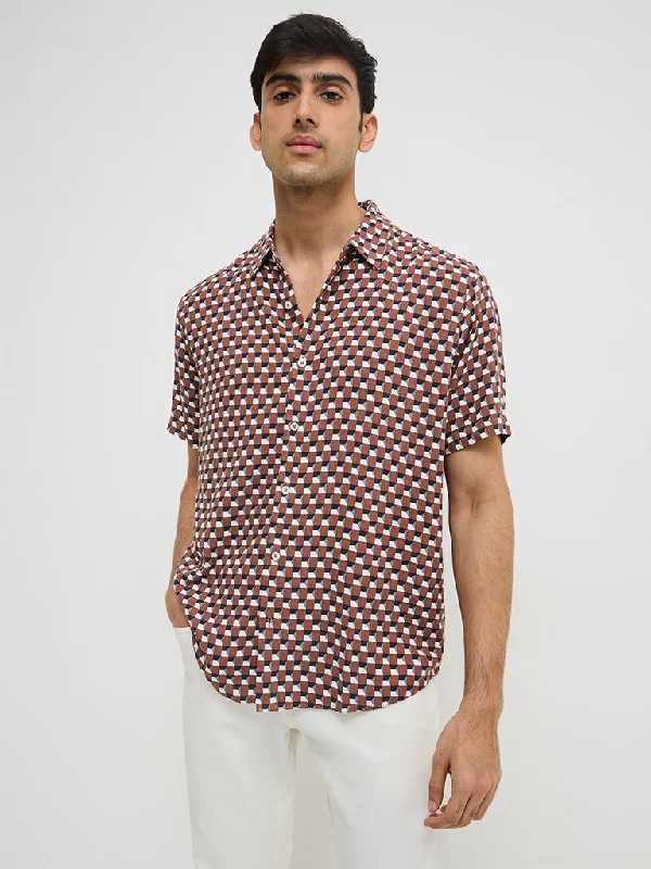 Fashionable T-shirts Ascot Brown Geometric Relaxed-Fit Shirt