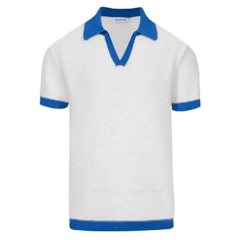 Relaxed Tops Men's White Knitted Polo With Blue V-Neck