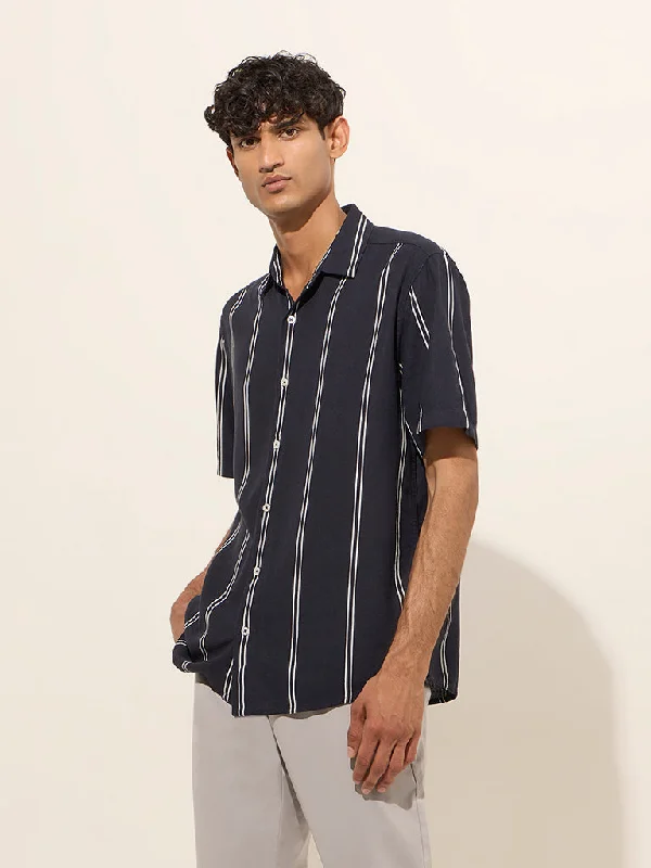 Smart Footwear Ascot Navy Blue Striped Relaxed-Fit Shirt