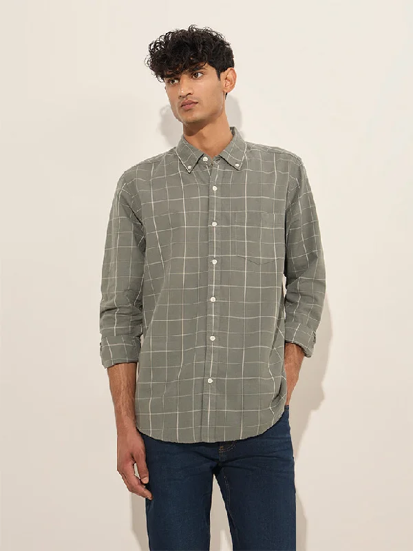 Everyday Footwear WES Casuals Olive Checkered Relaxed-Fit Cotton Shirt