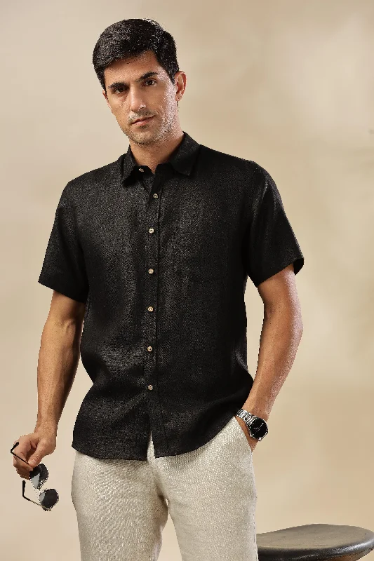 Trendy Footwear MARK Short Sleeves - 100% Pure Linen Regular Collar Black Shirt