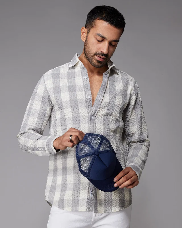 Stylish Outerwear Grey Seersucker Checked Shirt