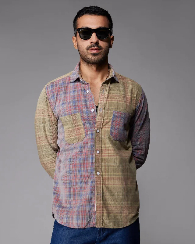 Relaxed Tops Red & Grey Corduroy Cut & Sew Checked Shirt