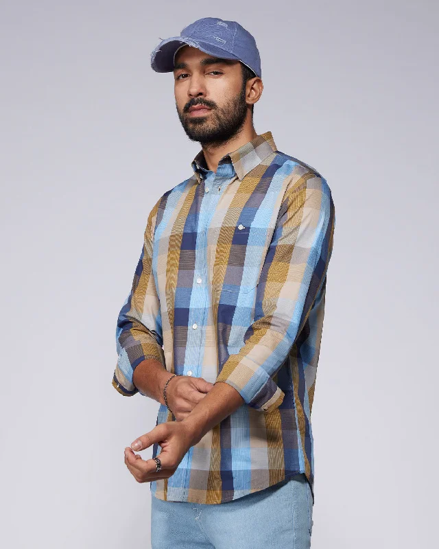 Comfortable Jeans Blue & Ochre Cotton Checked Shirt