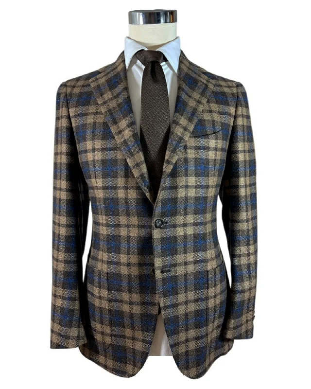 Casual Jackets Cesare Attolini Cashmere Sport Coat Brown Plaid Check Blazer EU 48/ US 38