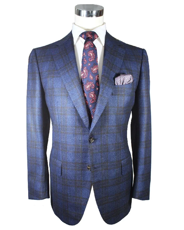 Active Gear Cesare Attolini Sport Coat Gray Midnight Blue Brown Windowpane Cashmere EU 52/ US 42