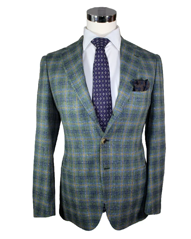 Fashion Suits Cesare Attolini Sport Coat Green Plaid Cashmere Silk Blazer EU 48/ US 38